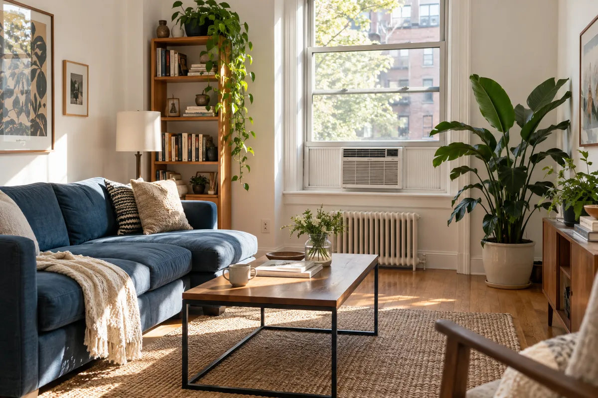 A bright small apartment with a blue sofa and a window air conditioner